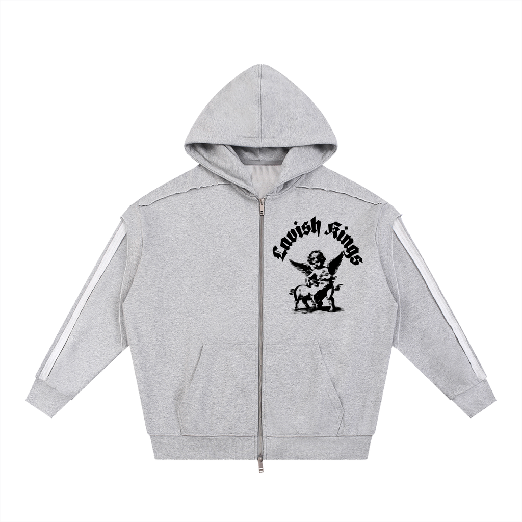 Contrast Tape Raw Edge Double Layered Zip Hoodie - LavishKings