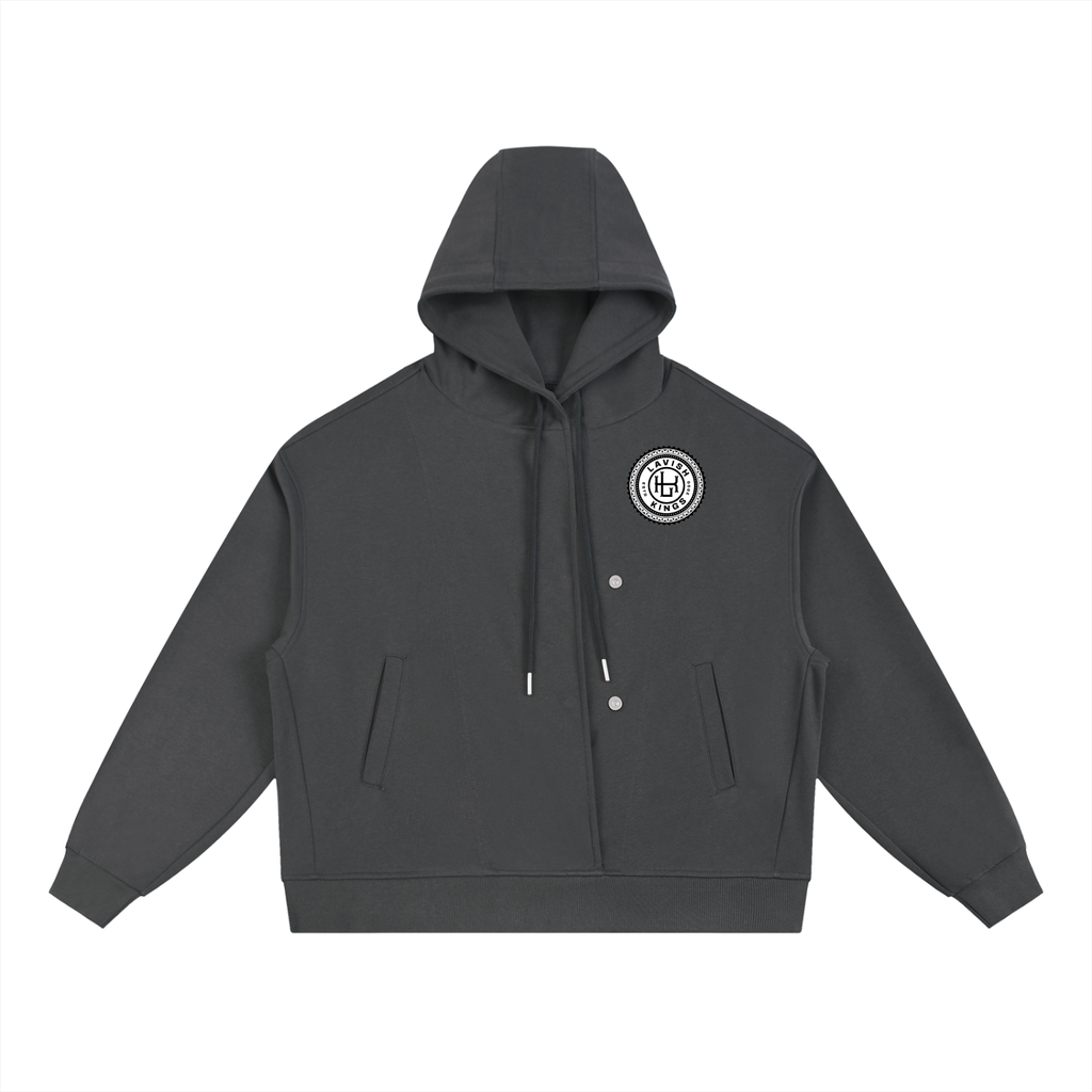 Boxy Button Placket Hoodie - LavishKings