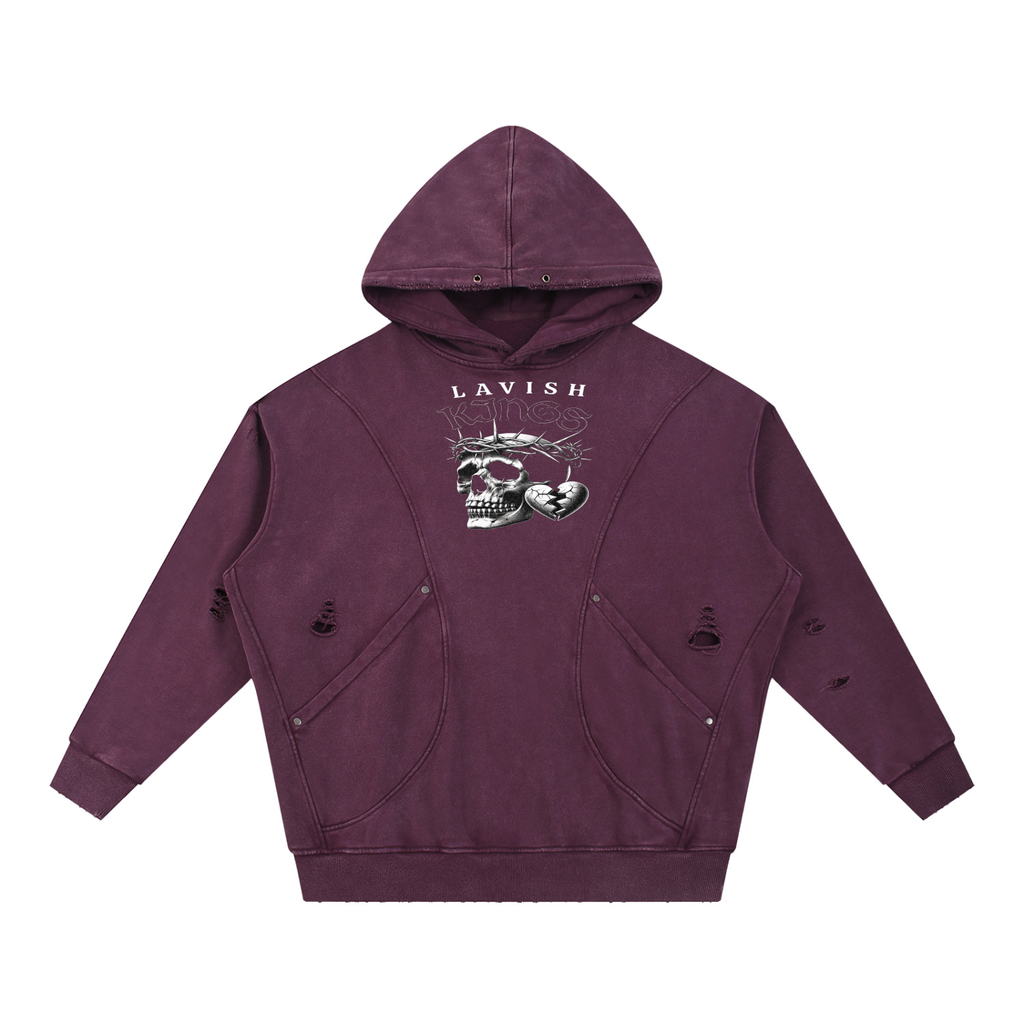 Snow Washed Distressed Panel Pocket Hoodie - LavishKings