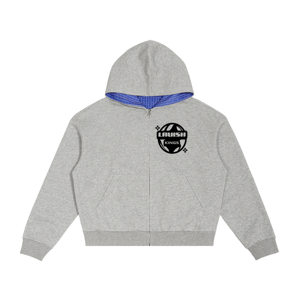 Contrast Plaid Boxy Zip Hoodie - LavishKings