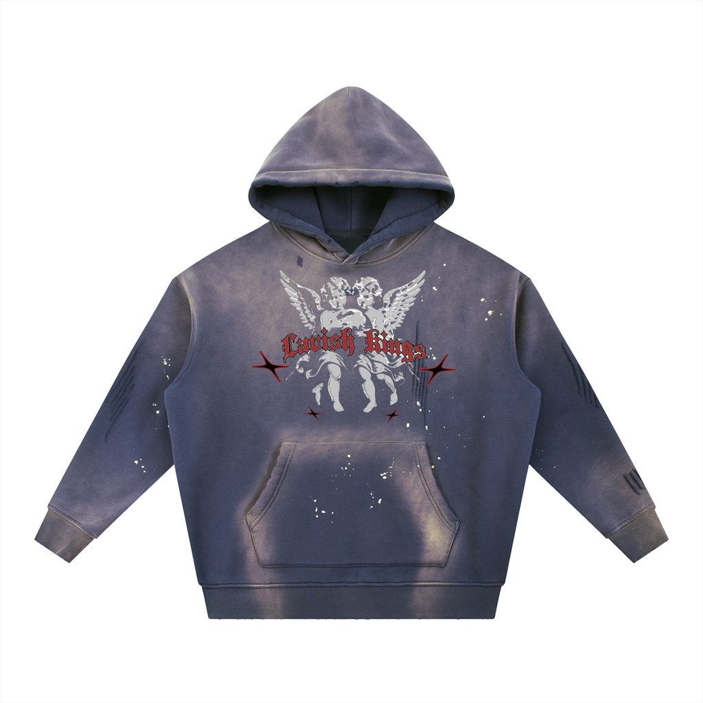 Vintage Washed Frayed Fleece Hoodie - LavishKings