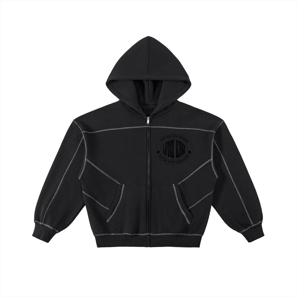 Contrast-Stitched Boxy Fleece Zip Hoodie