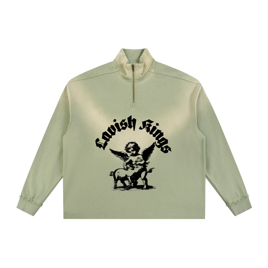 Sun Fade Raw Edge Quarter-Zip Sweatshirt - LavishKings