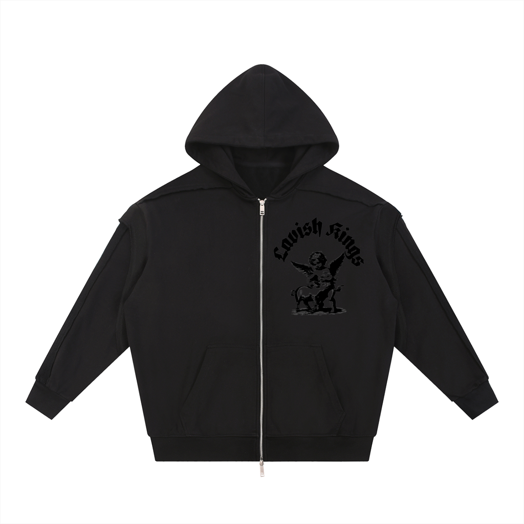 Contrast Tape Raw Edge Double Layered Zip Hoodie