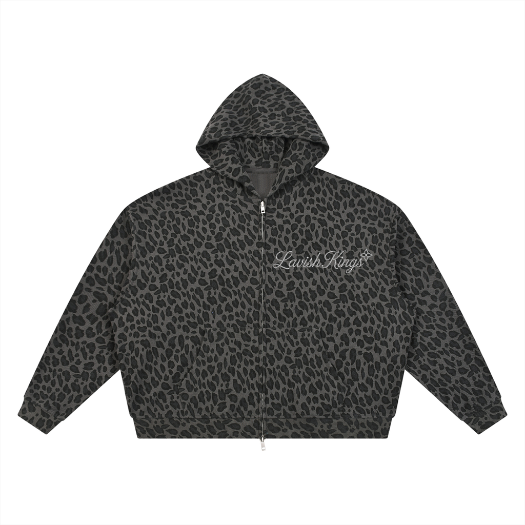 Unisex Leopard Print Waffle Full Zip Hoodie