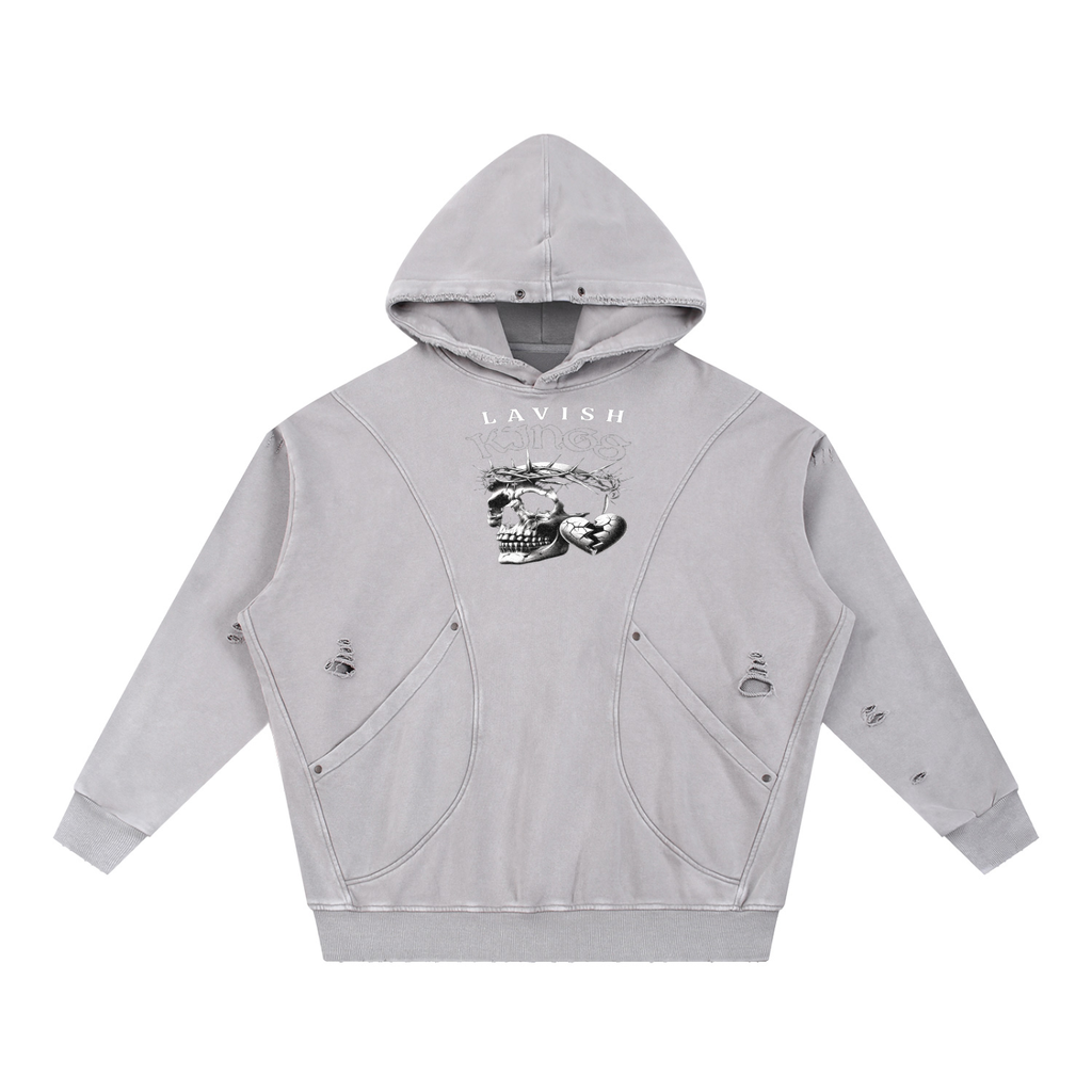 Snow Washed Distressed Panel Pocket Hoodie - LavishKings