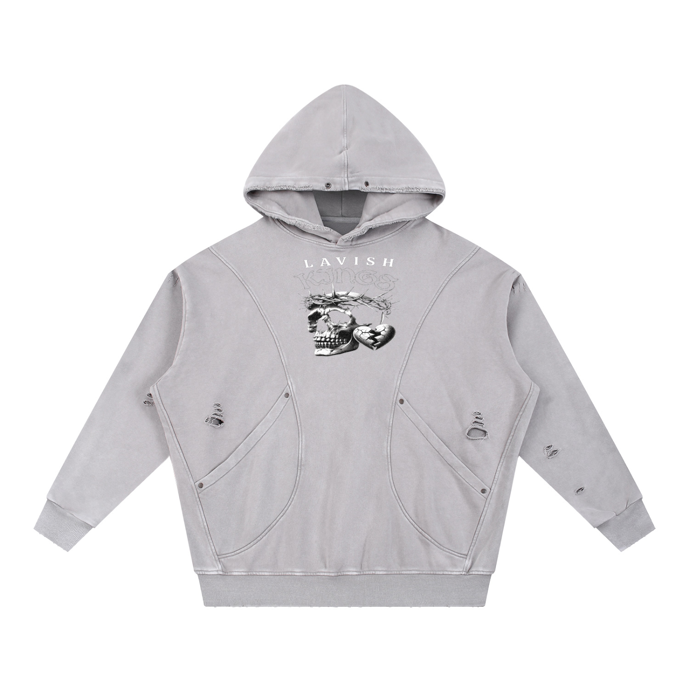 Snow Washed Distressed Panel Pocket Hoodie