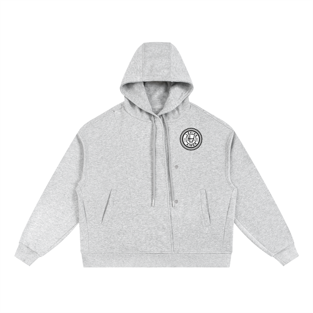 Boxy Button Placket Hoodie - LavishKings