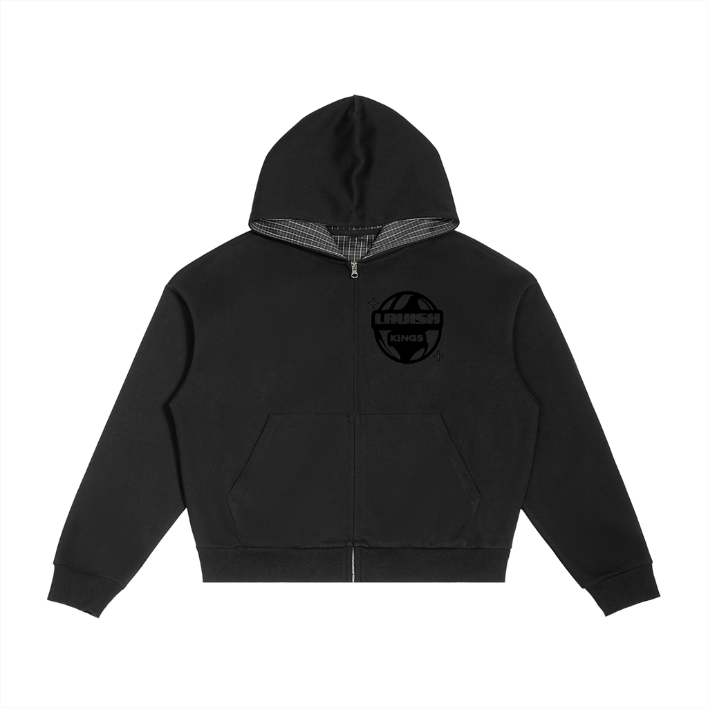 Contrast Plaid Boxy Zip Hoodie