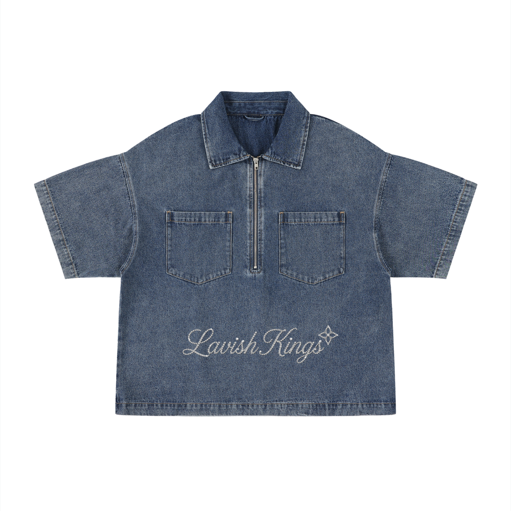 Unisex Vintage Wash Boxy Quarter-Zip Denim Shirt