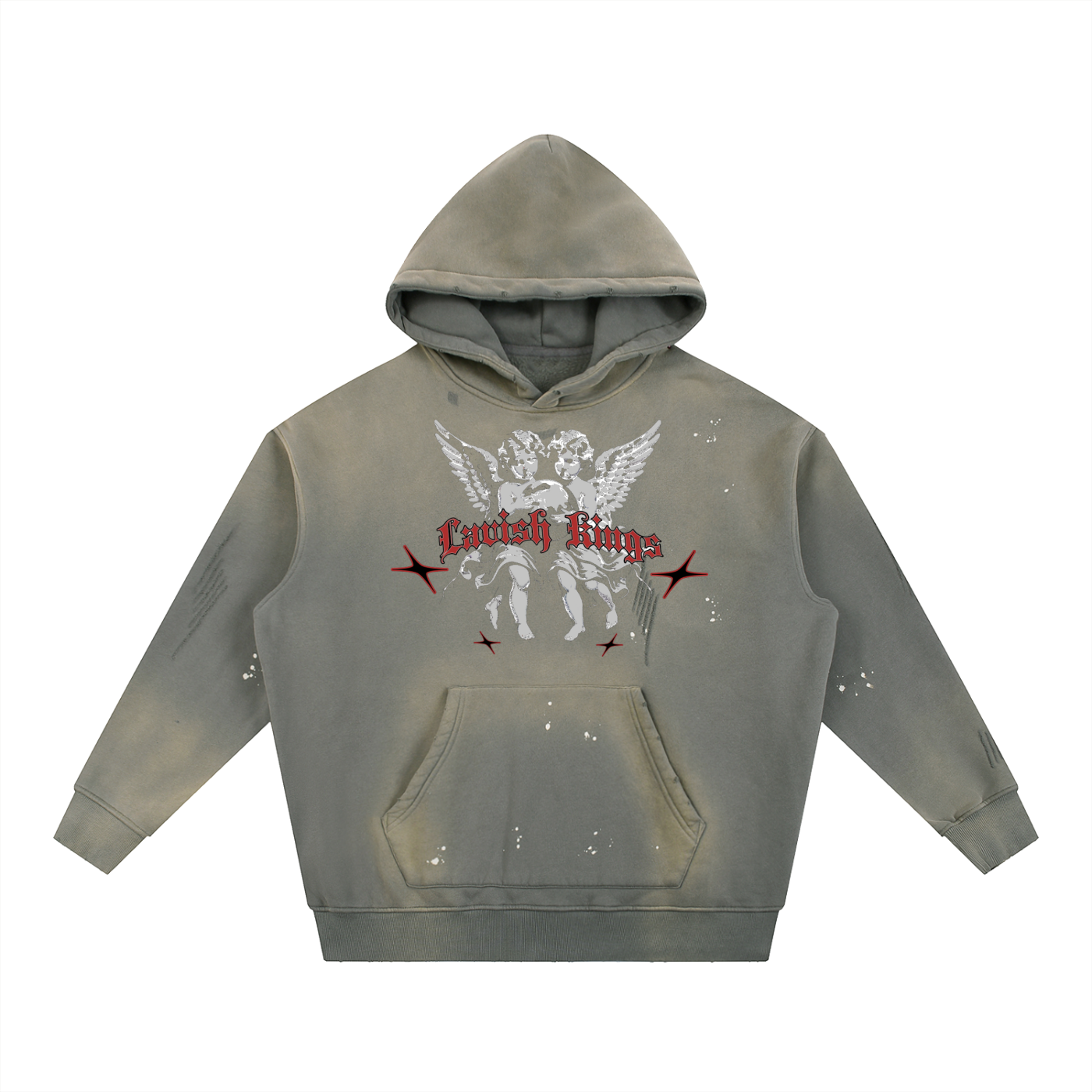 Gray hoodie with graphic design on a white background