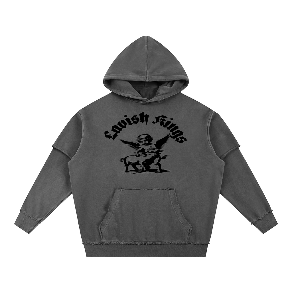 Snow Washed Raw Edge Double Layered Hoodie - LavishKings