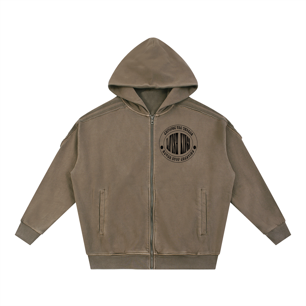 Snow Washed Tape Raw Edge Zip Hoodie - LavishKings