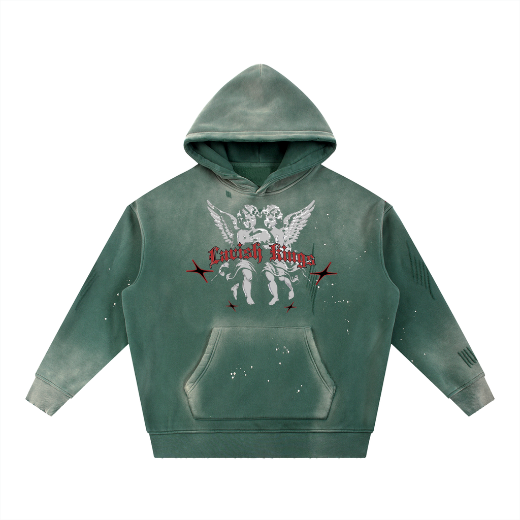 Vintage Washed Frayed Fleece Hoodie - LavishKings