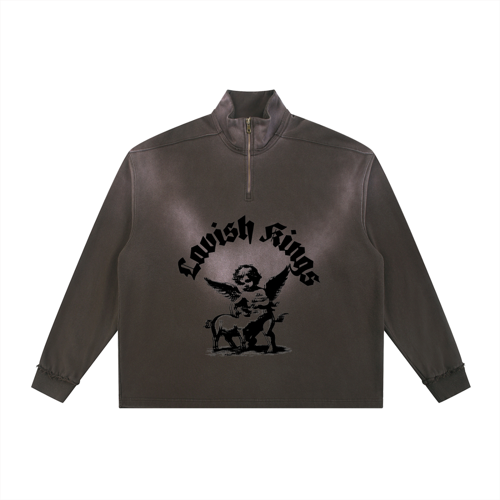 Sun Fade Raw Edge Quarter-Zip Sweatshirt - LavishKings
