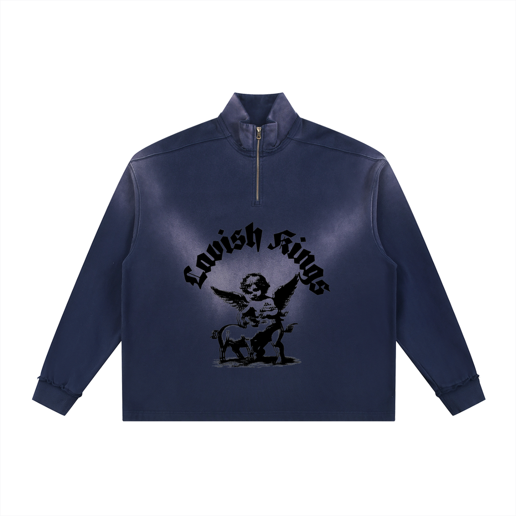 Sun Fade Raw Edge Quarter-Zip Sweatshirt - LavishKings