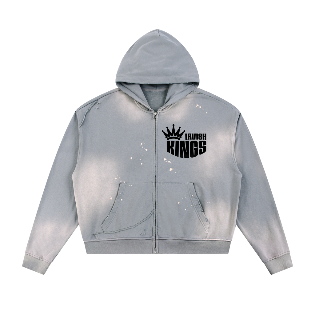 Sun Fade Frayed Raw Edge Fleece Zip Hoodie - LavishKings