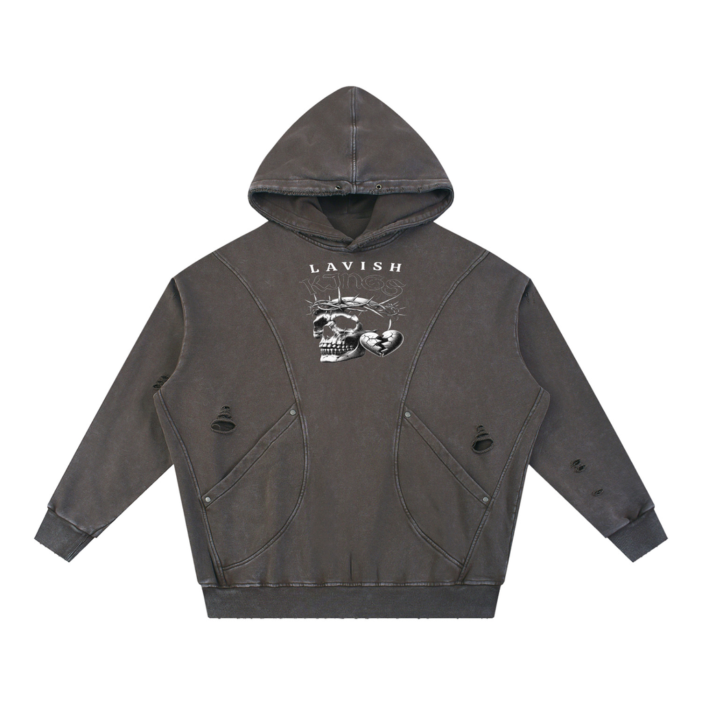 Snow Washed Distressed Panel Pocket Hoodie - LavishKings