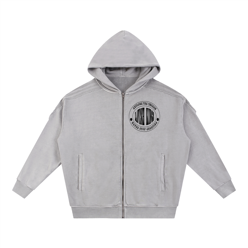 Snow Washed Tape Raw Edge Zip Hoodie - LavishKings