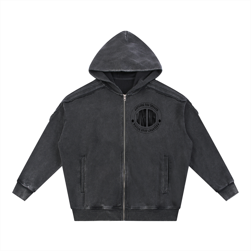 Snow Washed Tape Raw Edge Zip Hoodie - LavishKings