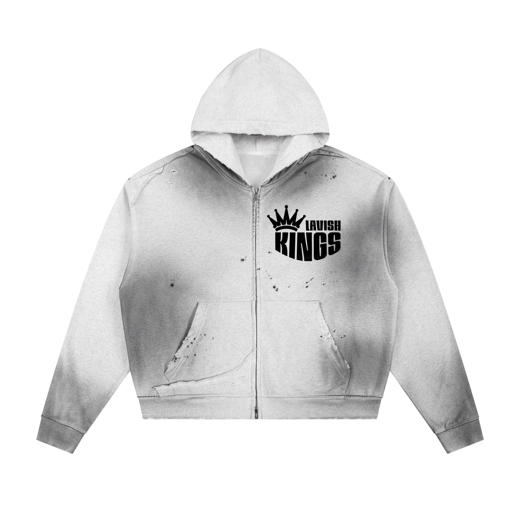 Sun Fade Frayed Raw Edge Fleece Zip Hoodie - LavishKings