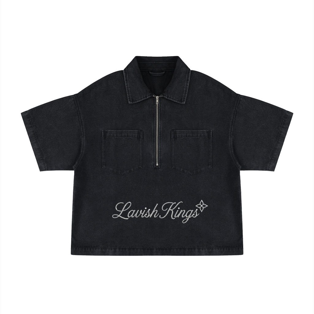 Unisex Vintage Wash Boxy Quarter-Zip Denim Shirt